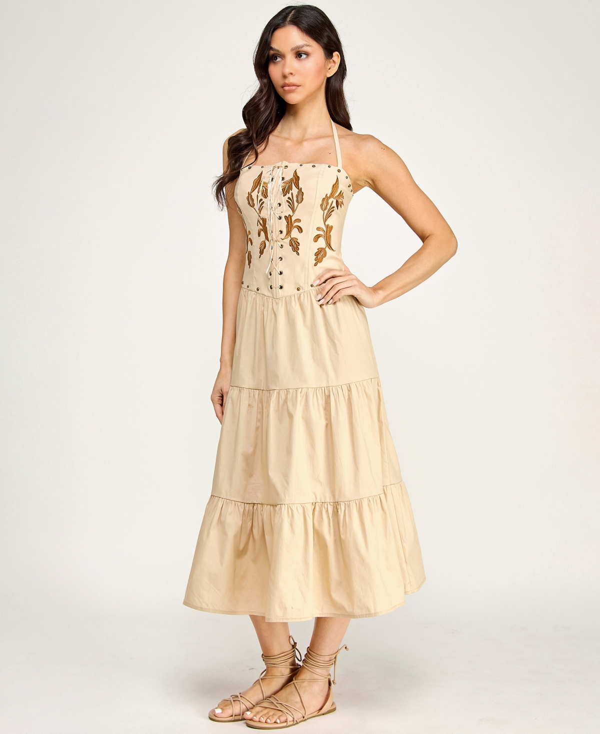 Seni & Cade Juniors' Embroidered Lace Up Halter Neck Corset With Nail Heads Skirt