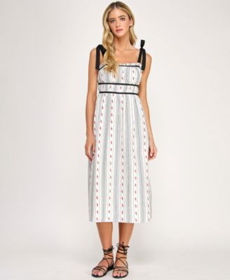 Juniors' Embroidered Floral Stripe With Tie Shoulders Dress