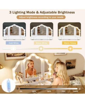 Makeup Vanity Desk with 13 Hollywood Bulbs, 3 Lighting Modes, Tri-Fold Mirror, 5 Drawers