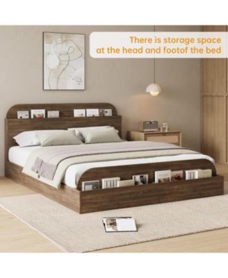 Wooden Bed Frame with Storage Headboard & Raised Footboard, Low Platform Design, Sturdy Slats Support