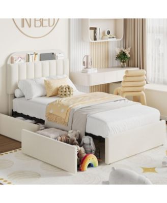 Bed Frame with Storage Headboard and 2 Drawers, Boucle Upholstered Platform Bed, Modern Bed Frames for Rooms