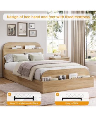 Wooden Bed Frame with Storage Headboard & Raised Footboard, Low Platform Design, Sturdy Slats Support