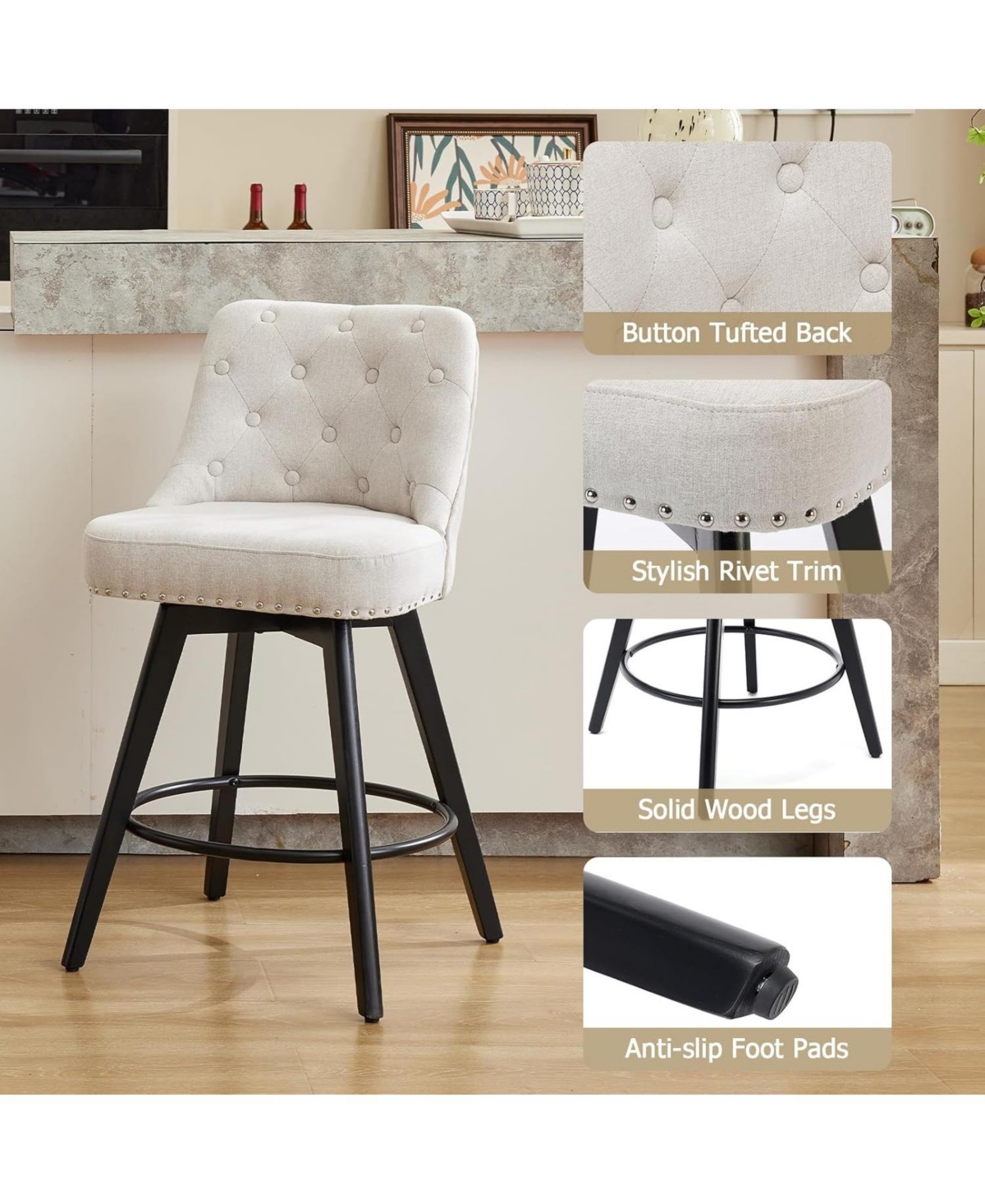 gaomon Bar Stools Set of 2, Modern Swivel Counter Height Bar Stools with Back and Wood Legs, Upholstered Barstools for Kitchen Island, 26" H Seat