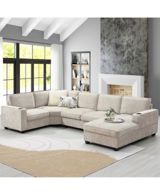U-Shaped Sectional Sofa, 6 Seat Chenille Corner Couch with Cup Holders & Chaise