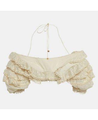 Women's Off White Cotton Blend Ruffled Off Shoulder Crop Top