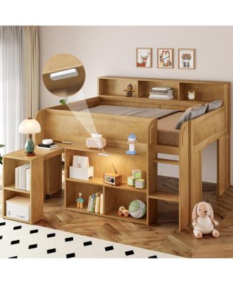  Wood Full Size Loft bed with Multiple Storage Shelves, Desk and LED