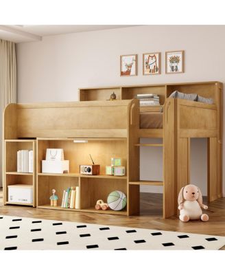  Wood Full Size Loft bed with Multiple Storage Shelves, Desk and LED