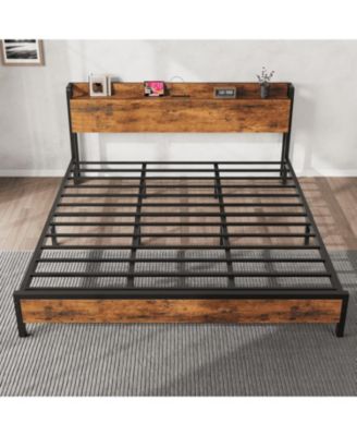 King Size Bed Frame Charging Station with 2 USB Ports & 2 AC Outlets, Heavy Duty Metal Bed Frame with Wooden Headboard and Footboard