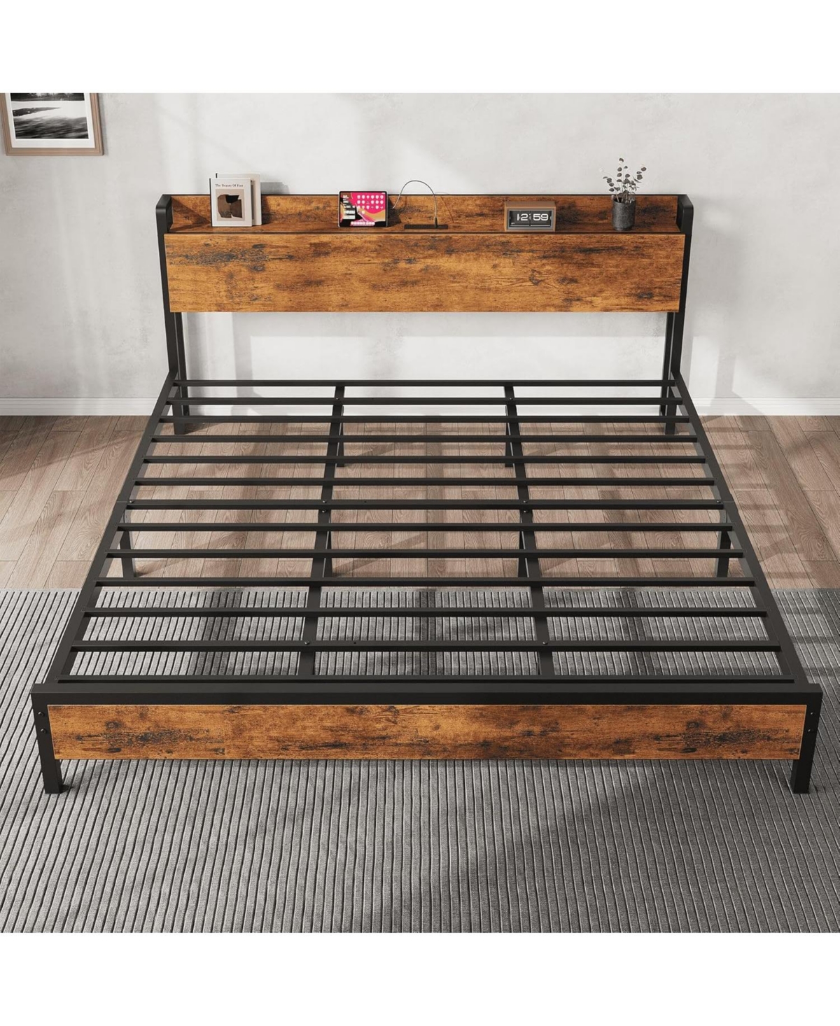 gaomon King Size Bed Frame Charging Station with 2 Usb Ports & 2 Ac Outlets, Heavy Duty Metal Bed Frame with Wooden Headboard and Footboard