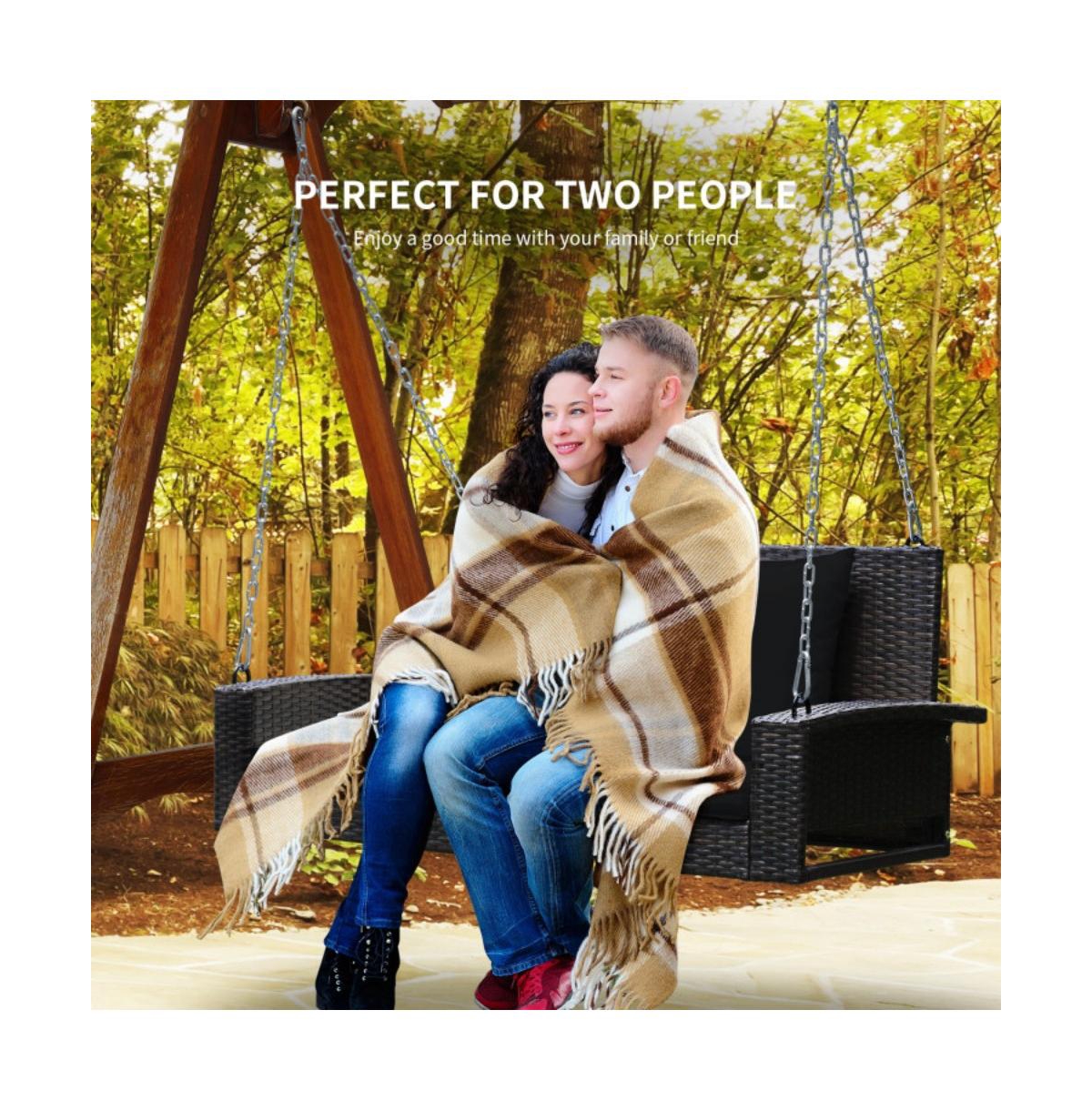 2-Person Wicker Hanging Porch Swing with 2 Back Cushions and 1 Seat Cushion