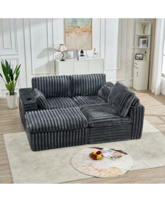  Luxury Ribbed Chenille Upholstered Modular Sectional Sofa with Ottoman-Gray