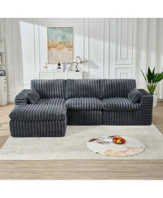  Luxury Ribbed Chenille Upholstered Modular Sectional Sofa with Ottoman-Gray