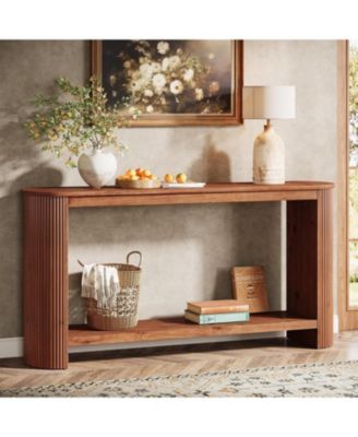 63" Solid Wood Console Table, Farmhouse 2-Tier Narrow Long Sofa Entryway Table, Easy Assembly