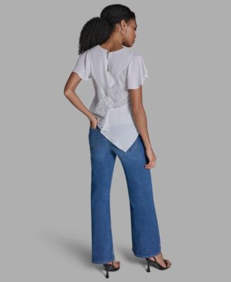 Women's Crewneck Flutter-Sleeve Asymmetrical Lace Top