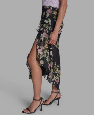 Women's Side Zipper Printed Ruffle Maxi Skirt