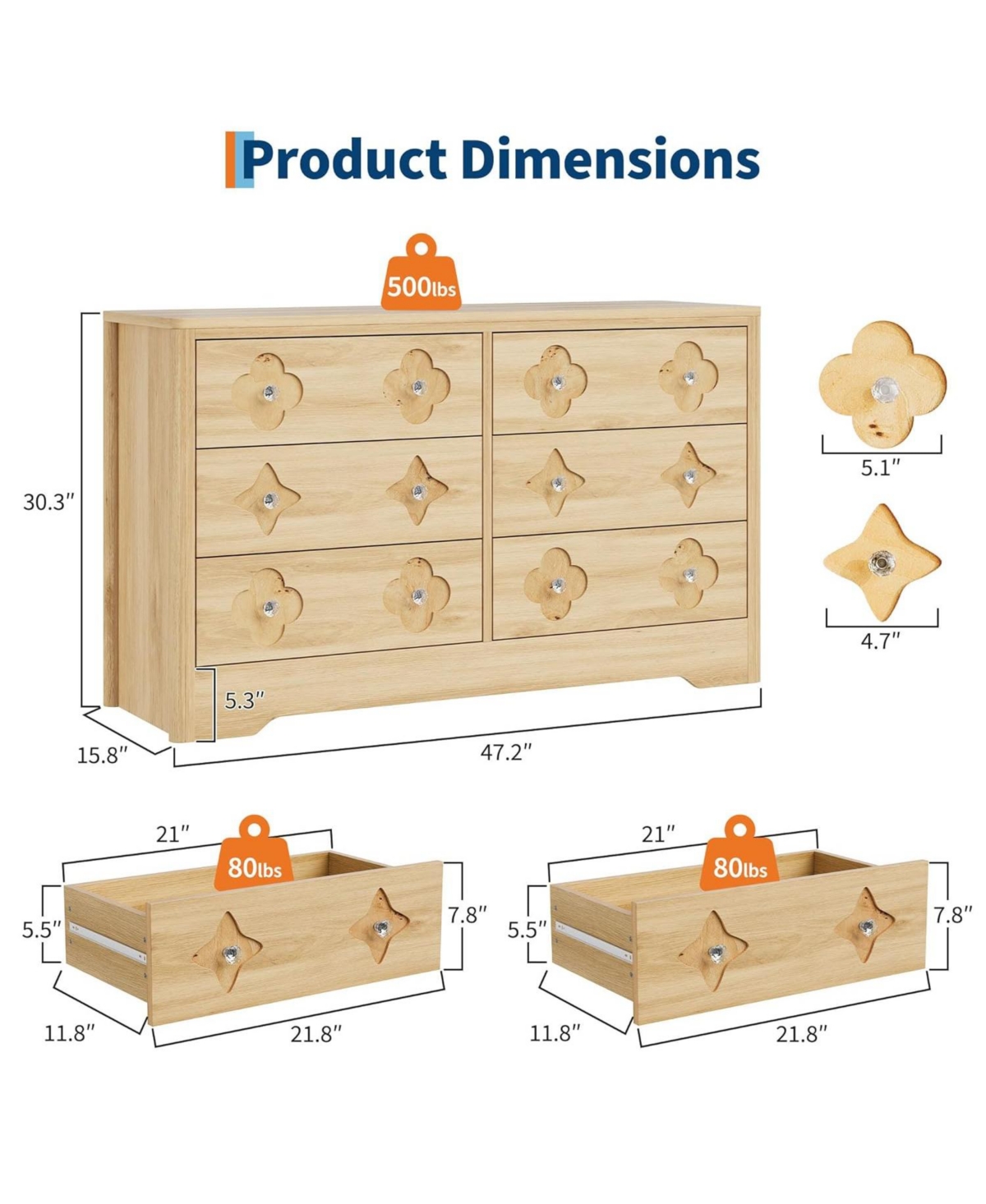 gaomon Rattan 6-Drawer Dresser for Bedroom, 47" Wide Wooden Chest with Large Storage, Beige