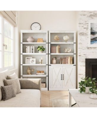 Farmhouse Bookcase with Doors, 5-Tier 70" Tall Bookshelf with Storage Cabinet for Living Room, White