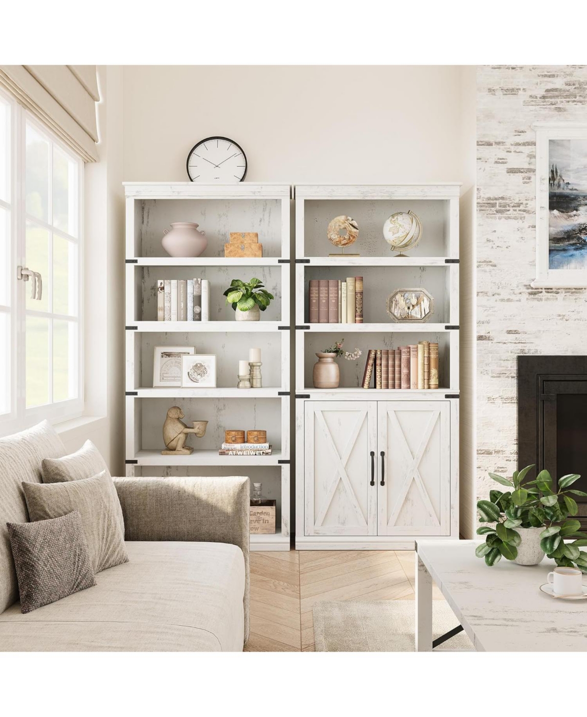 gaomon Farmhouse Bookcase with Doors, 5-Tier 70" Tall Bookshelf with Storage Cabinet for Living Room, White