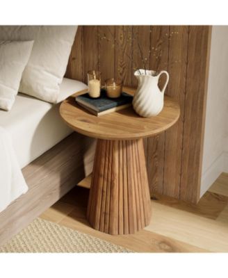  Solid Wood End Table, 19" Small Round Pedestal Side Table with Fluted Base, Farmhouse Bedside Table for Living Room, Small Space
