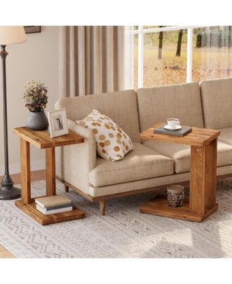 Solid Wood C-Shaped End Table Set of 2, Wooden Side Table for Sofa, 2-Tier Bedside Nightstand for Living Room, Bedroom