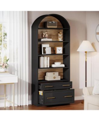 76.8" Tall Arched Bookcase Set of 2, 5-Tier Bookshelf with File Cabinet Drawer, Modern Freestanding Wooden Bookshelves, Storage Shelves