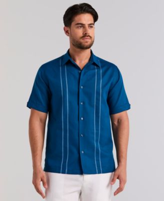 Men's Short-Sleeve Panel Button-Front Linen Camp Shirt
