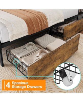 Queen Size Bed Frame with Ergonomic Headboard and Charging Station, Upholstered Platform Bed, Metal Industrial Bed Frame with 4 Storage Drawers