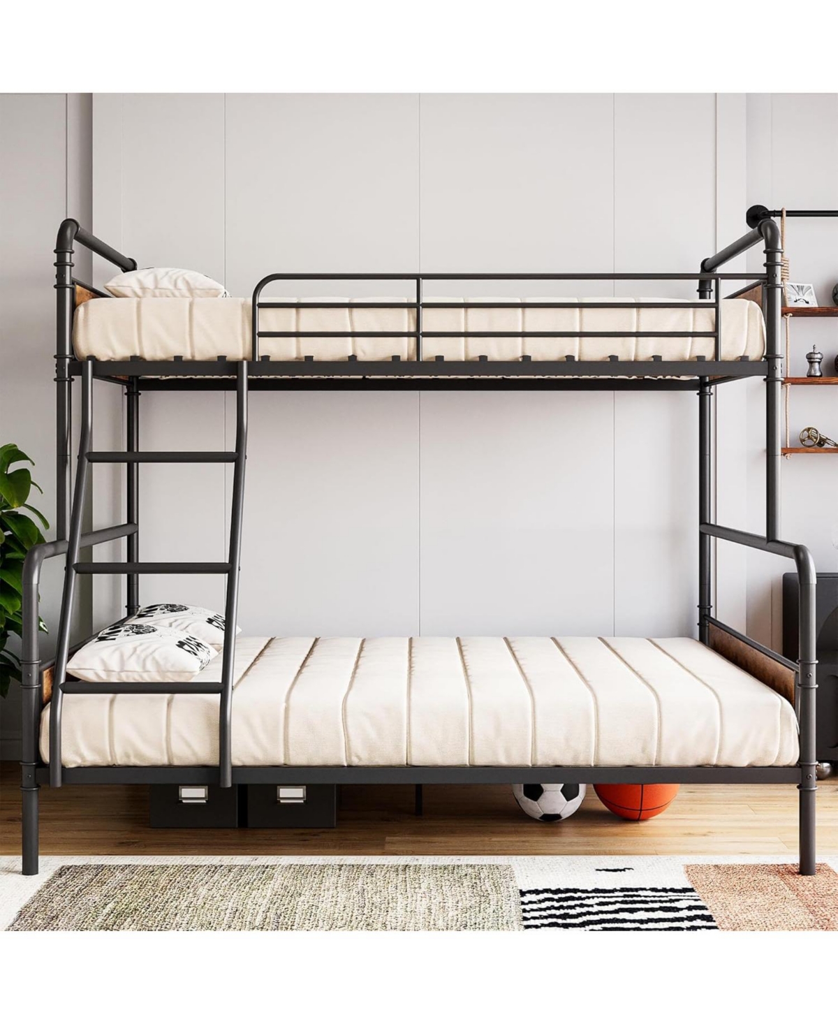 gaomon Bunk Beds Twin Over Full Size, Heavy Duty Metal Bed with Safety Guardrails, Angled Ladder, Under-Bed Storage