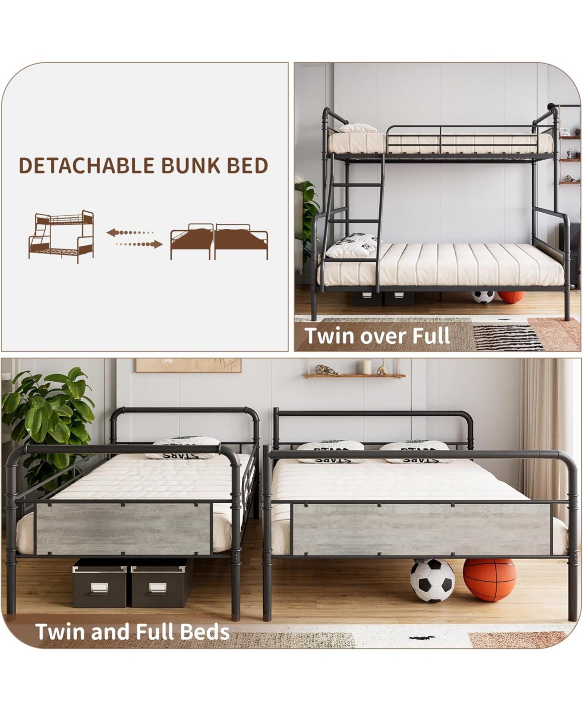 gaomon Bunk Beds Twin Over Full Size, Heavy Duty Metal Bed with Safety Guardrails, Angled Ladder, Under-Bed Storage