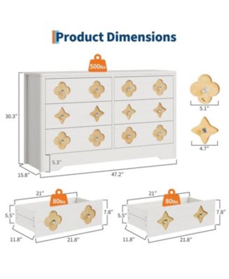 Fluted 6-Drawer Dresser for Bedroom, 47.4" Wide Wooden Chest with Large Storage & TV Stand Use, White