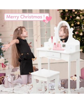 Kids Vanity Set with Mirror and Stool, Girls Wooden Makeup Playset