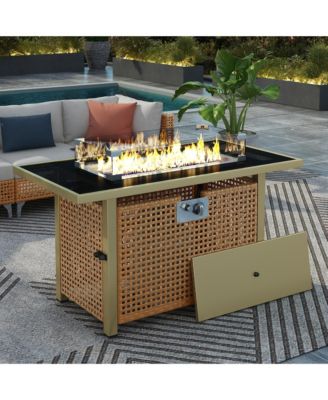 K&K 43 Inch Propane Gas Fire Pit Table 60000 BTU Rectangular Open Weave Wicker with Glass Wind Guard for Patio Garden