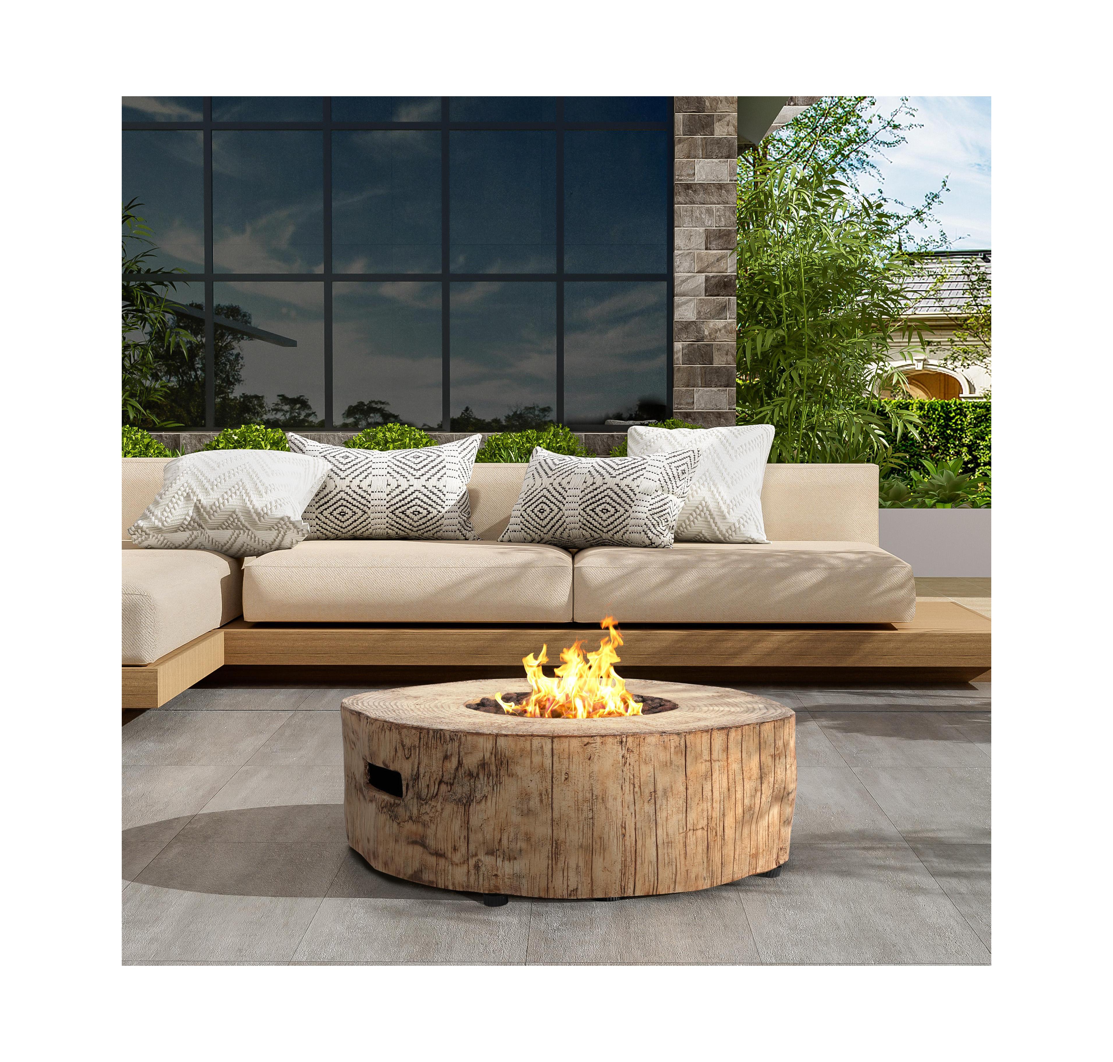 Flynama 30000 Btu Patio Mgo Propane Fire Pit Wood Pattern Brown Round Design Adjustable Flame No Assembly