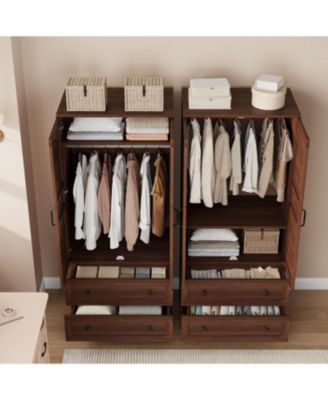 72" Tall Wooden Armoire Wardrobe Closet with 2 Drawers, Adjustable Shelf & Hanging Rod