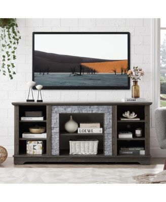 Mantel Stone TV Media Stand with Faux Stacked Stone Surround, Gray, 58.31"W