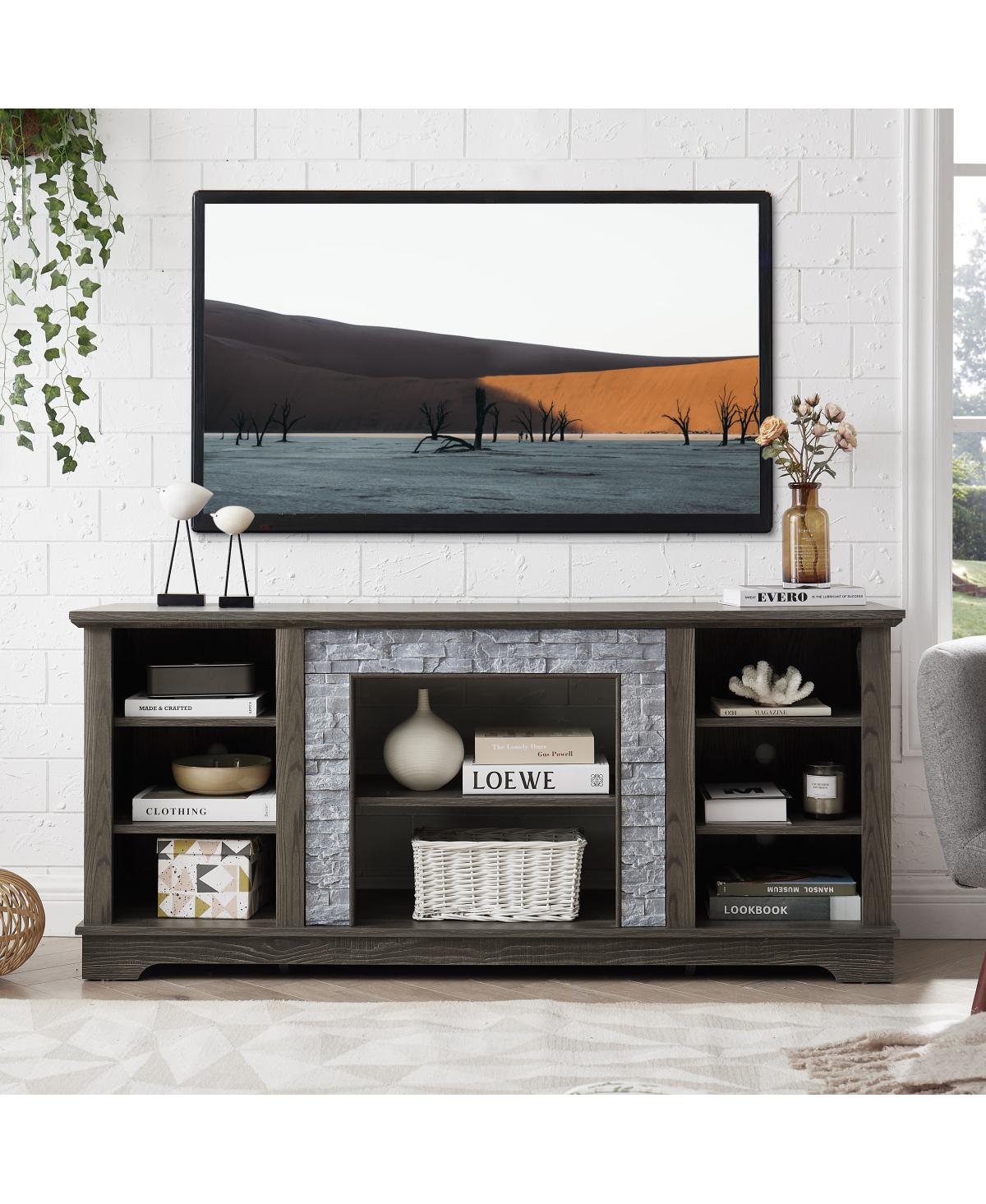 Streamdale Furniture Mantel Stone Tv Media Stand with Faux Stacked Stone Surround, Gray, 58.31"W - Grey