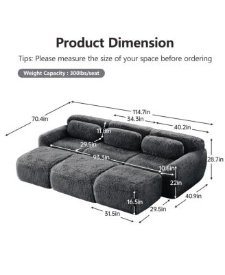 3-Seater Plush Fabric Sofa with Movable Ottoman, No Assembly Required, Dark Gray