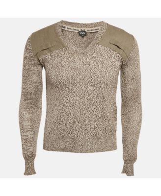Men's Grey Knit Panel Detail V-Neck Long Sleeve Sweater