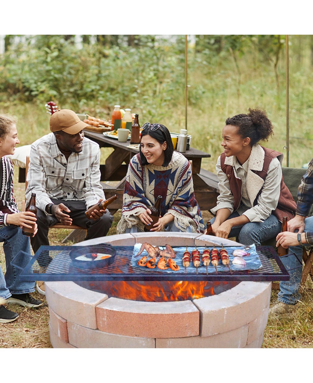 Ecooso 44" Rectangle X-Marks Fire Pit Grill Grate, Heavy Duty Steel Cooking Grate with Handle and Support X Wire, Black