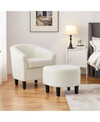 Contemporary Boucle Club Chair and Ottoman Set