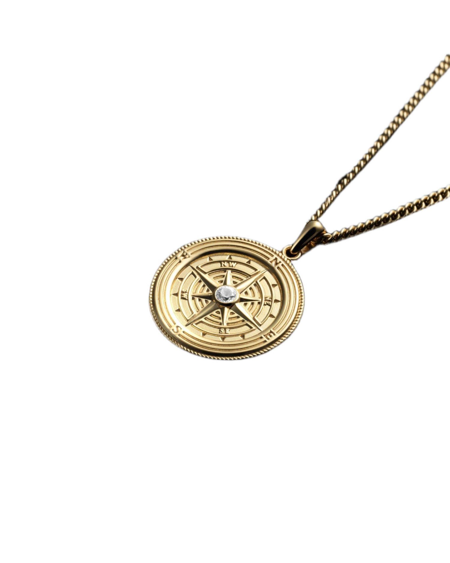 Men's Compass Pendant Necklace - Gold 22" Chain