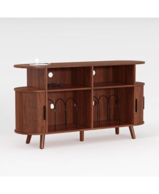 55" Fluted Mid-Century Modern Turntable Cabinet with Vinyl Storage & Round Record Stand