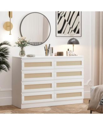 Rattan Dresser for Bedroom with 8 Drawers, 47'' Wide Chest of Drawers, Oak Furniture Large Storage Tower Unit, Closet Store Organizer