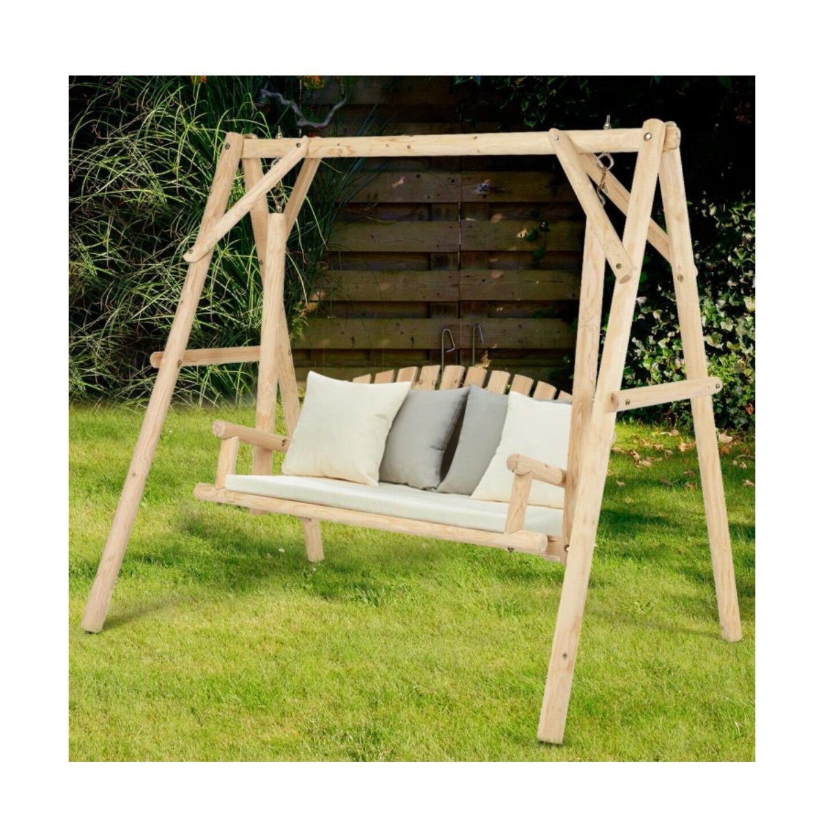 Outdoor Wooden Porch Bench Swing Chair with Rustic Curved Back