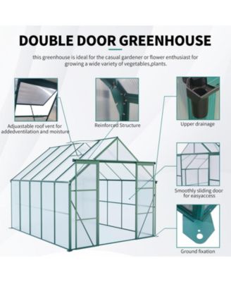 8x10FT Aluminum Double Door Polycarbonate Greenhouse with Raised Base and Anchor