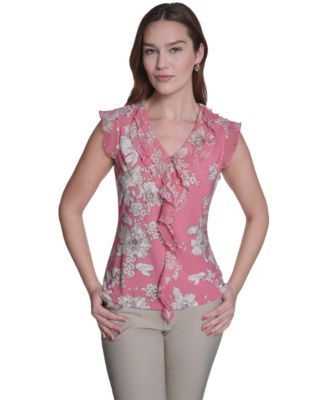 Women's Floral Mixed Media V-Neck Top