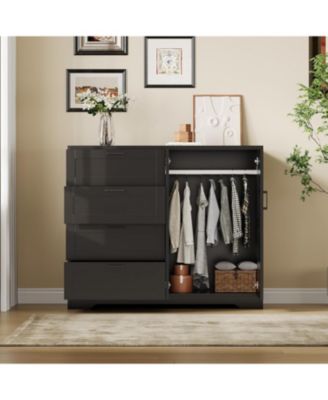 Multifunctional Wooden Dresser for Bedroom, 43.3 in H 2 Door Wardrobe Armoire Closet with 4 Drawers and Hanging Rod, Low Storage Cabinet