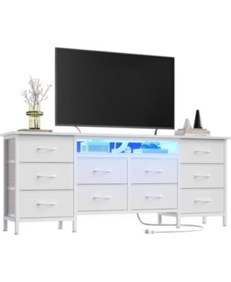 63'' Long Dresser for Bedroom with 10 Fabric Drawers, Entertainment Center TV Stand 65''-75'' TV, White Dresser with Power Outlet