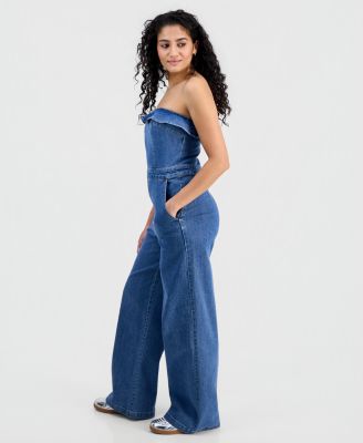 Juniors' Ruffled Strapless Wide-Leg Jumpsuit