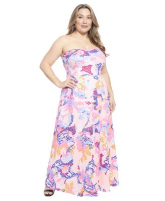 Plus Size Abstract Strapless Pocket Maxi Dress